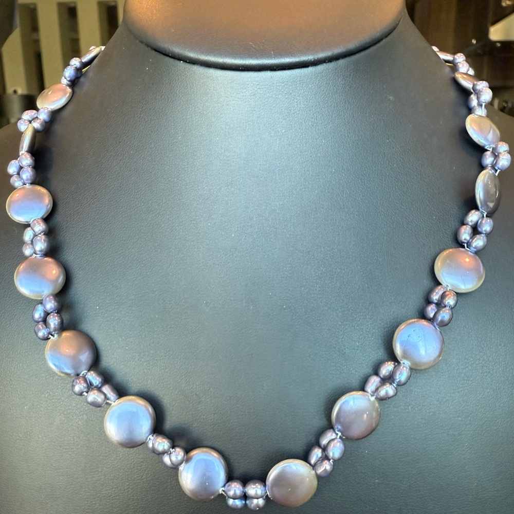 Lavender Soft Purple Freshwater Coin Button Pearl Necklace 18” Sterling Silver
